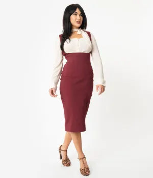 Unique Vintage Burgundy Red Fontaine Suspender Pencil Skirt