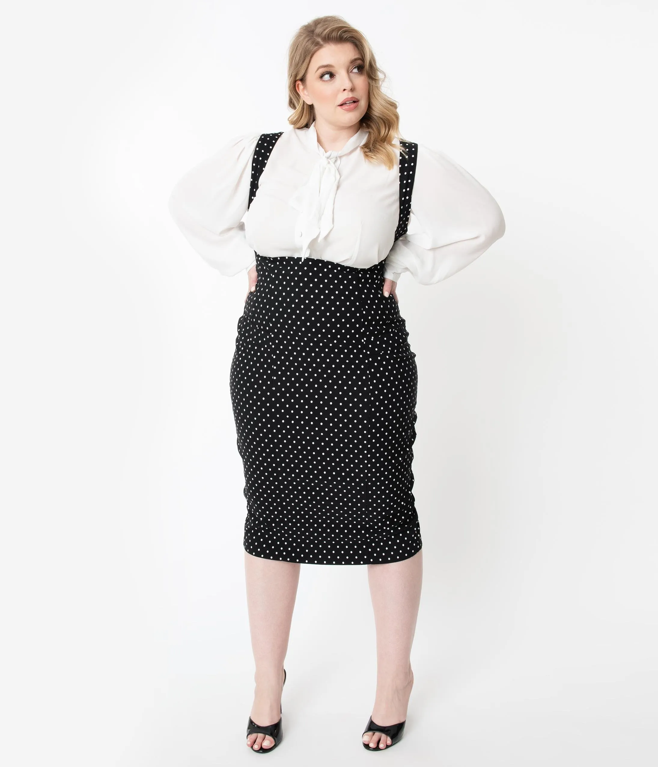 Unique Vintage Plus Size Black & White Pin Dot Fontaine Suspender Pencil Skirt