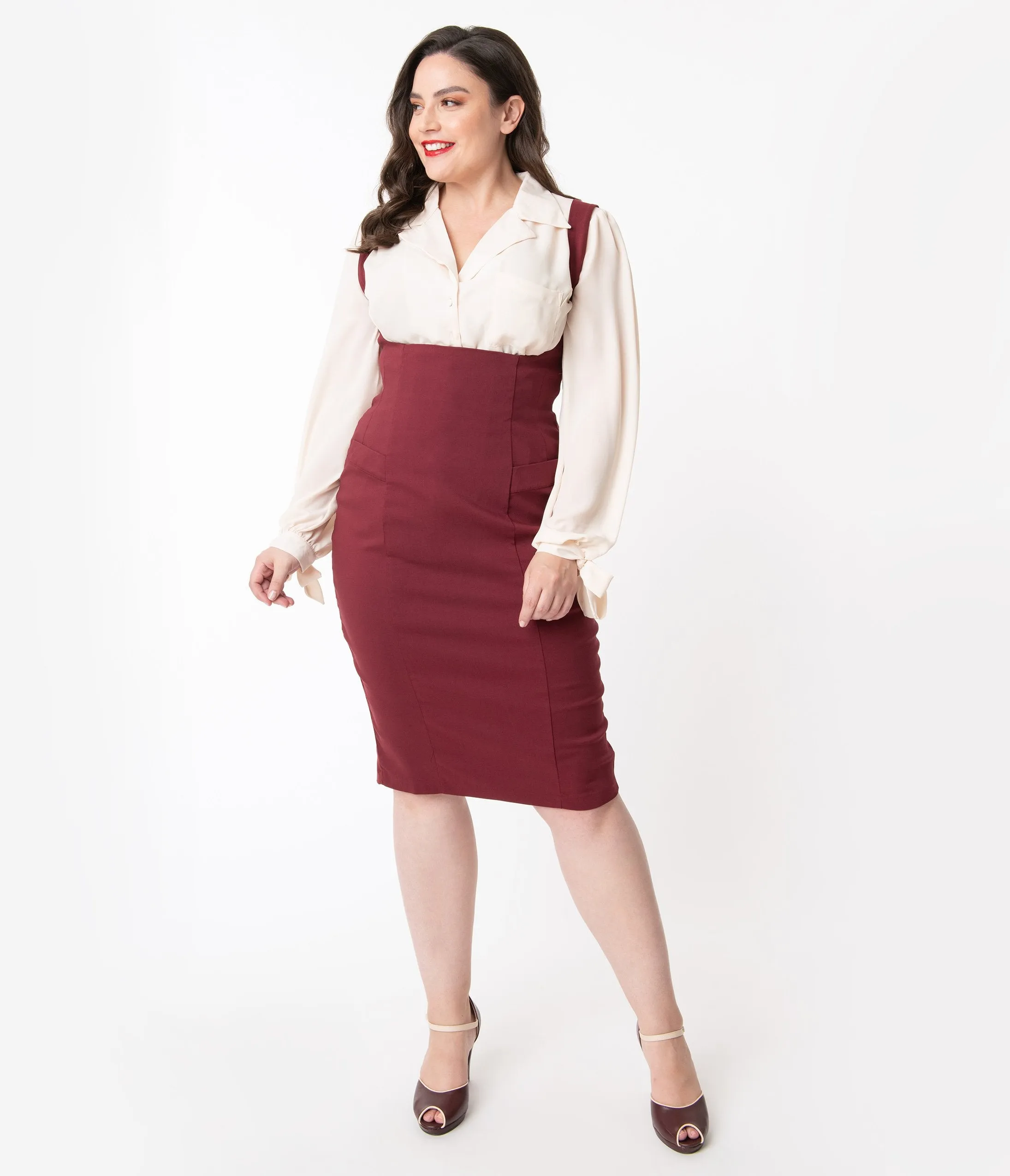 Unique Vintage Plus Size Burgundy Red Fontaine Suspender Pencil Skirt