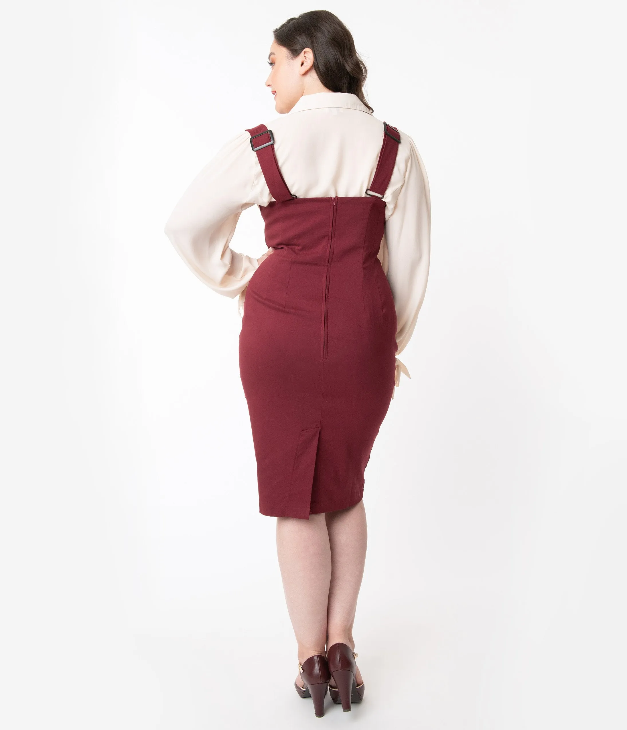 Unique Vintage Plus Size Burgundy Red Fontaine Suspender Pencil Skirt