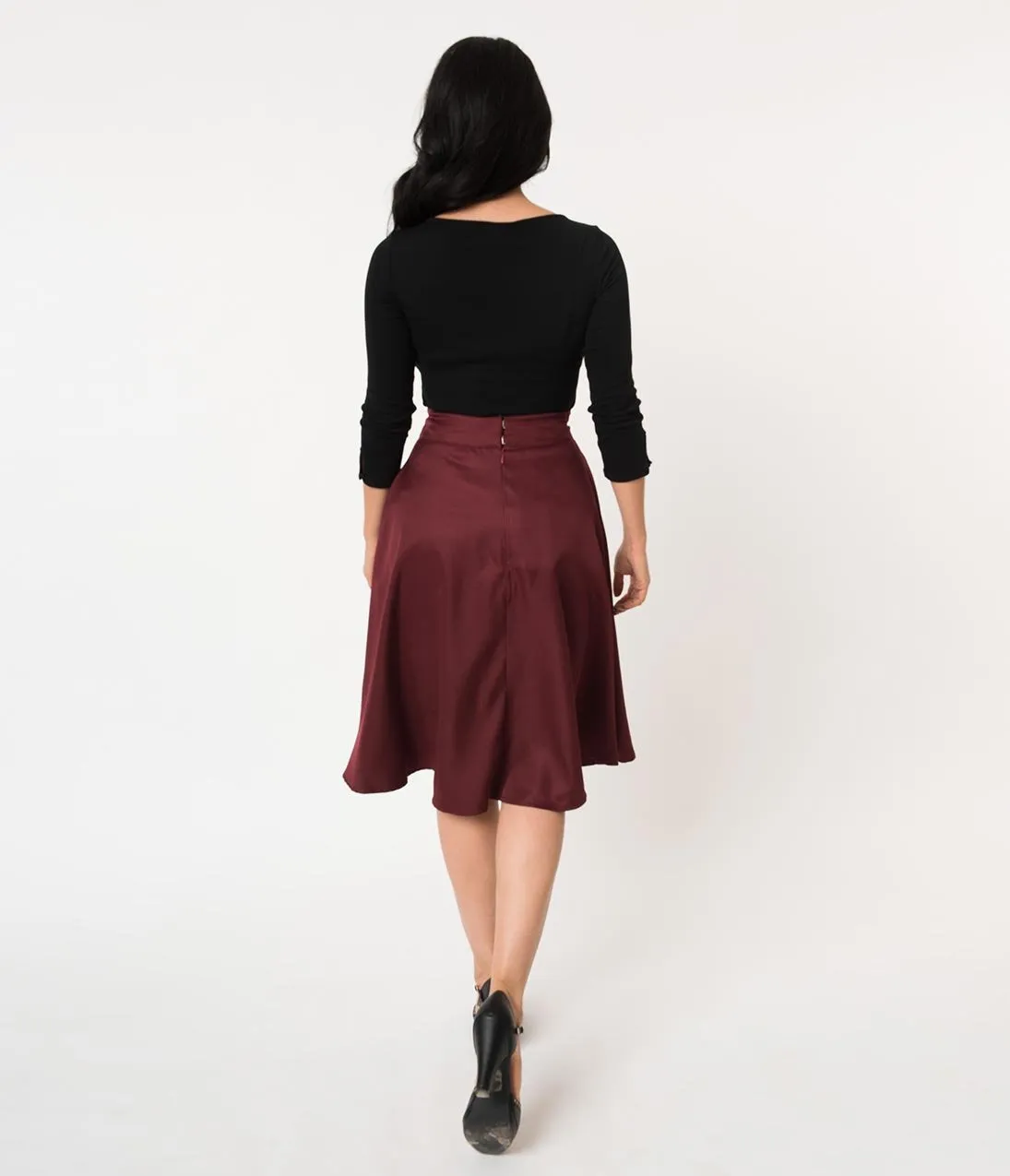 Unique Vintage Retro Style Burgundy High Waist Vivien Swing Skirt