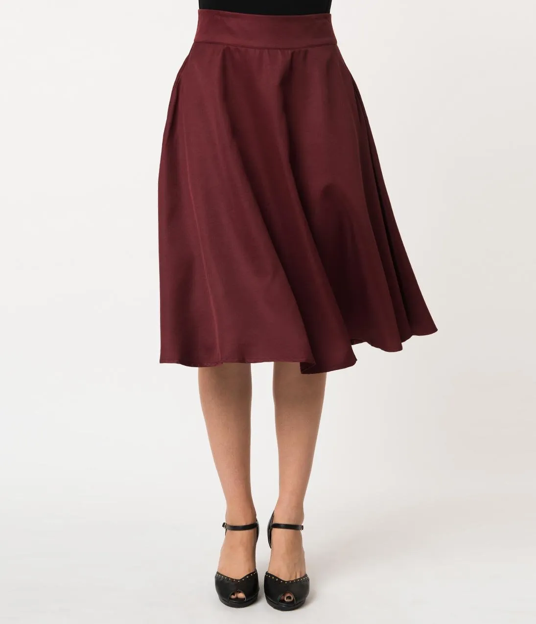 Unique Vintage Retro Style Burgundy High Waist Vivien Swing Skirt