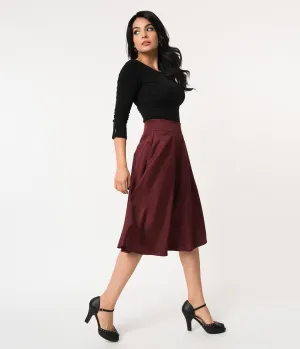 Unique Vintage Retro Style Burgundy High Waist Vivien Swing Skirt