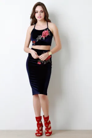 Velvet Embroidered Floral Midi Skirt