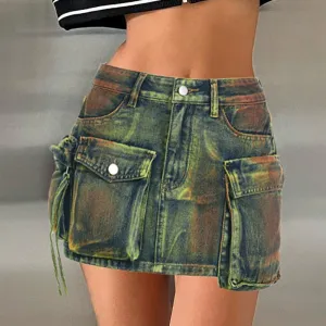 Women's Low Denim Short Skirts with Pockets